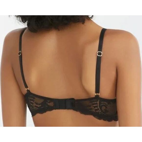 Natori 32D Feathers Plunge Bra Black Lace Underwired Padded Adjustable Strap - Picture 2 of 10